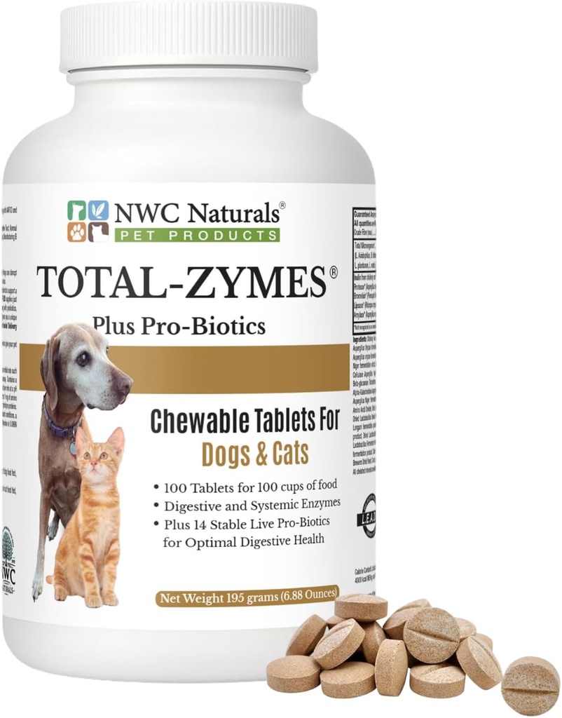 NWC Naturals Total-Zymes Plus Vegetarian Digestive Enzymes for Dogs & Cats, Υποστηρίζει ένα υγιές Digestive Tract & Immune System, Advanced Probiotics & Prebiotics- 100 Μασώμενα δισκία