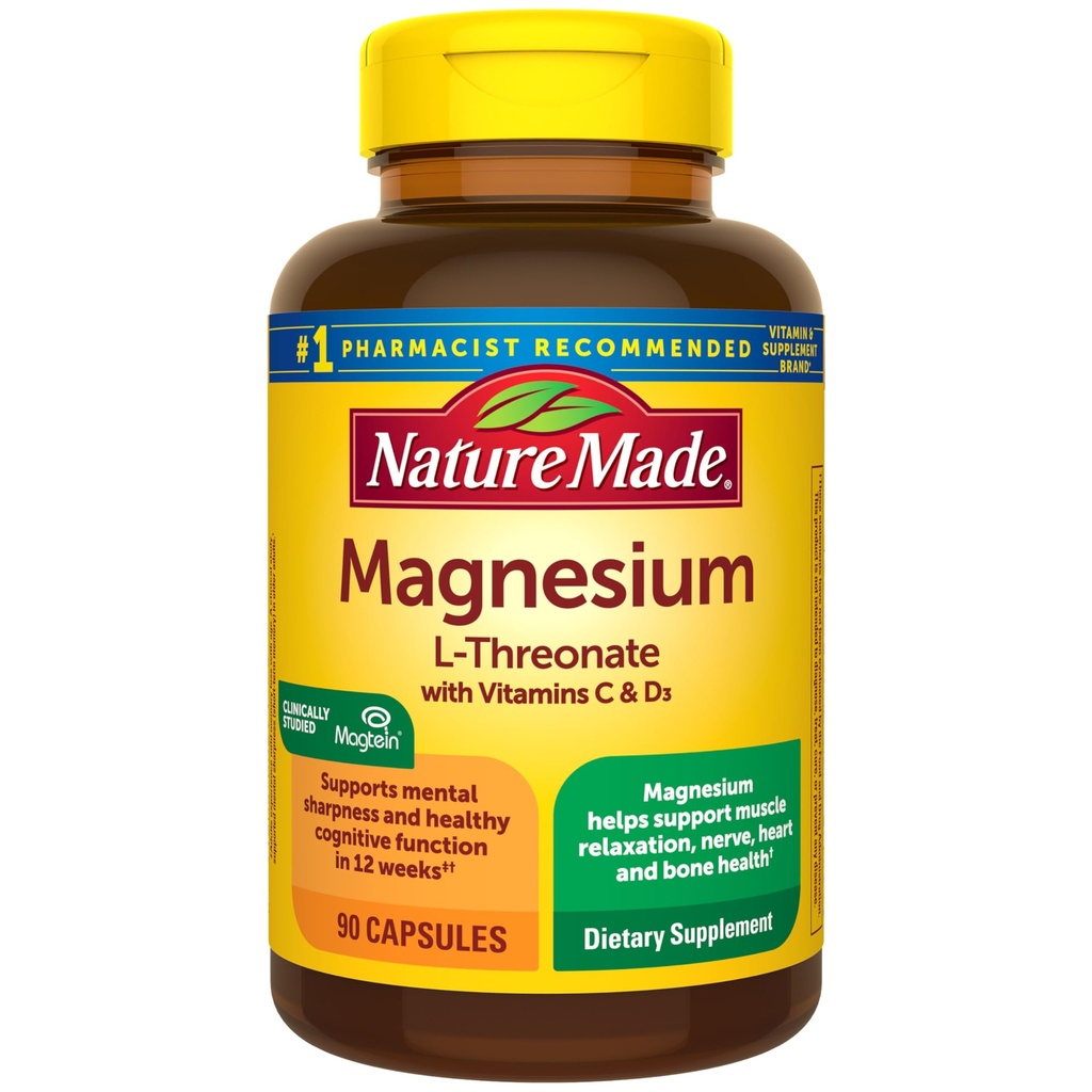 Nature Made Magnezyum L-Threonate with Vitamin C & Vitamin D3, 1800 mg Magnezyum L Threonate, Cognitive Support Magnezyum Supplement, 90 Capsules, 30 Day Supply