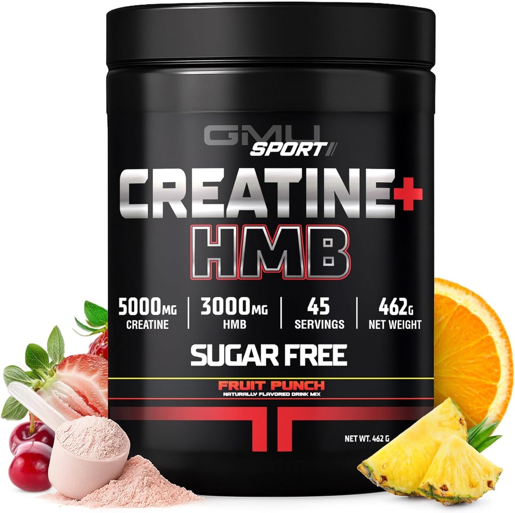 GMU SPORT - Creatine Monohydrate with HMB Powder - 45 Servings, Createine HMB Συμπληρώματα, Createine with HMB for Aυξημένη δύναμη, μυϊκή ανάπτυξη & ενισχυμένη ενέργεια, 3G HMB / Fruit Punch