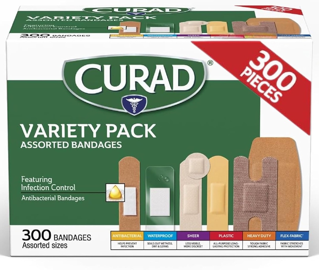 CURAD Assorted Bandages Diversity Pack, 300 Kont, 6 Stiller Antibakteriyel, Su, Sheer, Plastik, Heavy Duty & Flex-Fabric, Korumalar, Cuts & Burns, Latex-Free