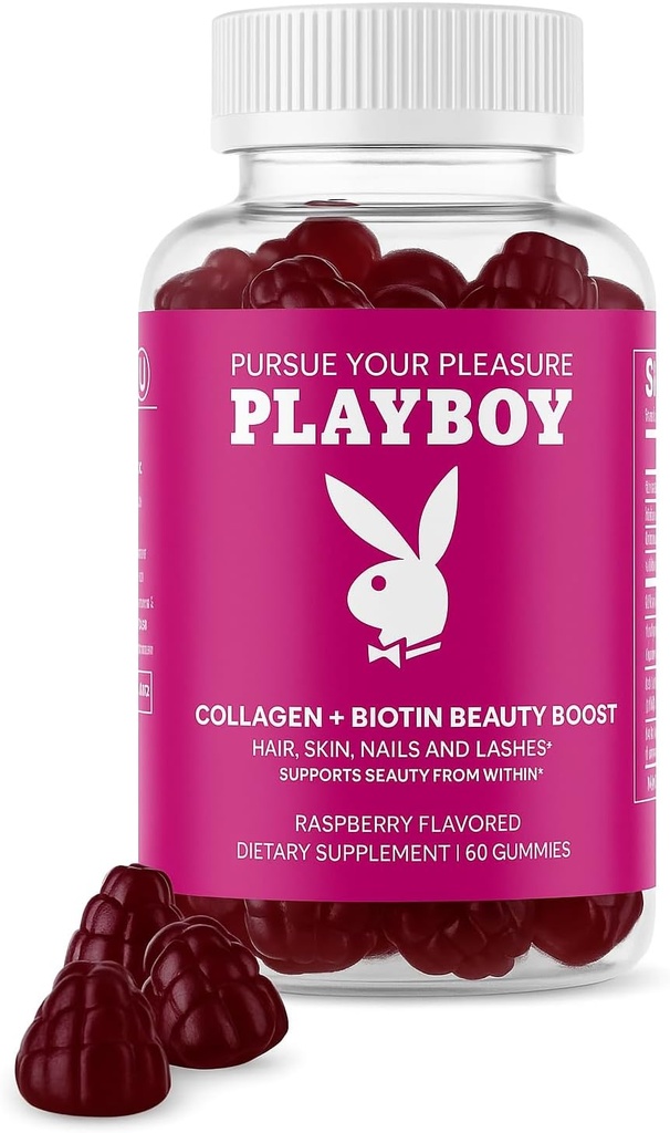 Playboy - Collagen + Biotin Beauty Saç, Skin, Nails & Lashes (60 Gummies) - Raspberry Flavored Biotin & Collagen Supplement for Women & Men - Non-GMO, Gluten Free, Nut Free Gummy