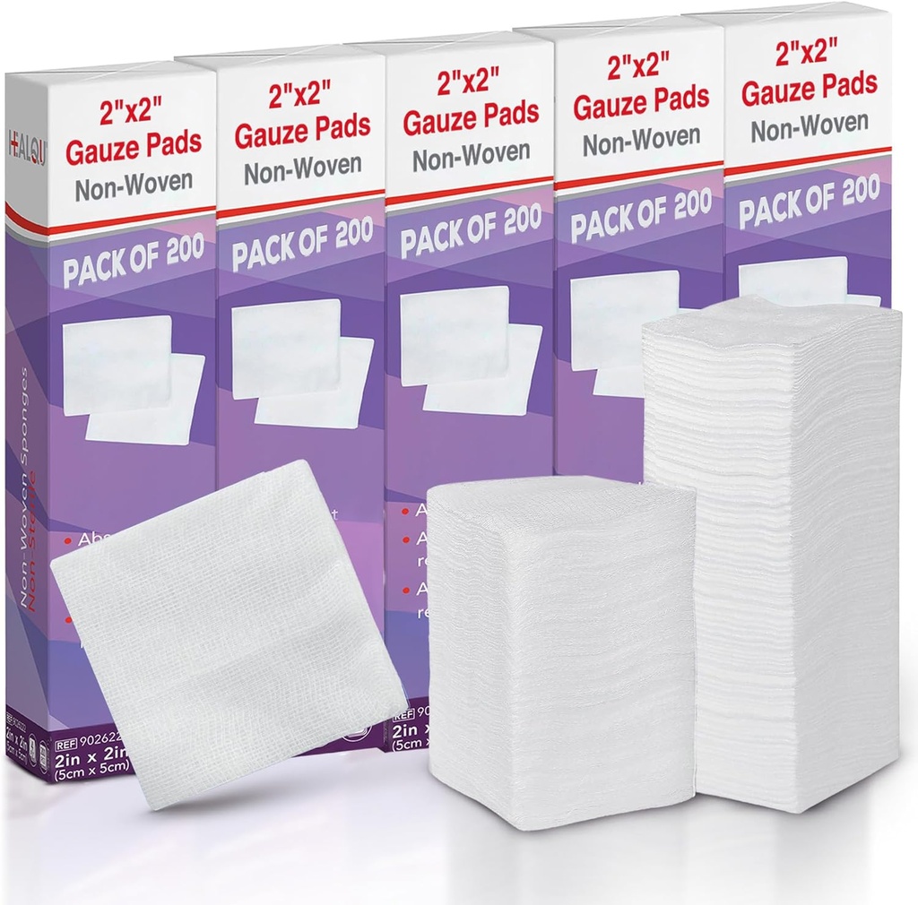 HEALQU 1000 Gauze Pads 2x2" - Soft Non-Woven 4-Ply for Tooth Ekstralar ve Diş Prosedürleri - İlk Yardım için Non-Sterile Square Sponges, Surgery, & Yara Giying (5 Paketler 200)