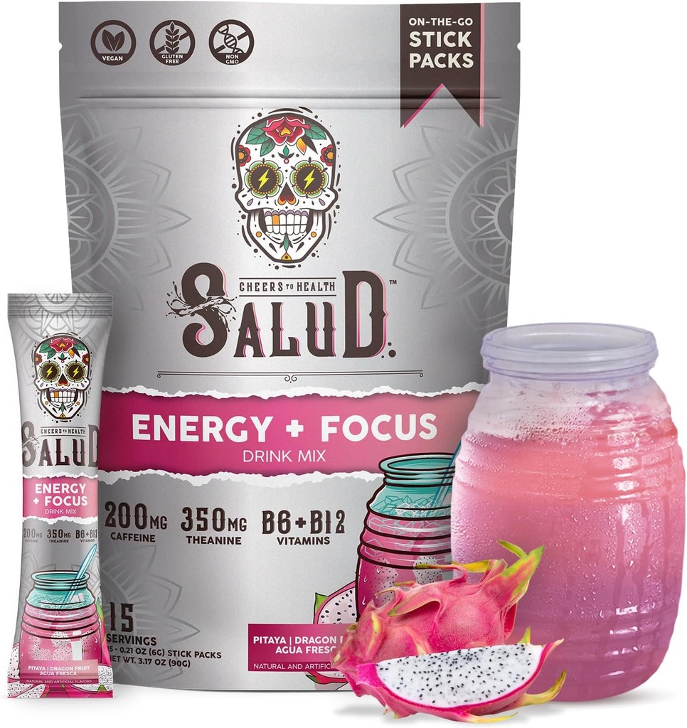 Salud 2-in-1 Energy Drink Powder + Focus, Dragon Fruit, Organic Caffeine, B6 + B12, Theanine, Clean Energy Drink Packets, Pitaya Agua Fresca Mix, Non-GMO, Gluten Free, Vegan, 1g of Sugar, (15 Servings)