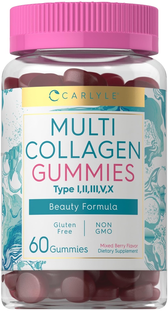 Carlyle Collagen Peptides Gummies | 60 Count | Multi Collagen Complex | Beauty Formula Supplement | Mixed Berry Flavor | Non-GMO, Gluten Free