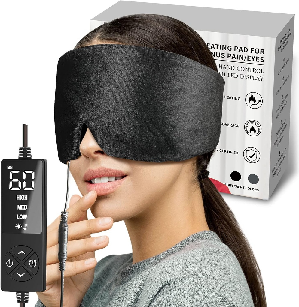 sticro Kuru Gözler ve Sinus Basınç Yardımı için Ekstra Büyük Boyutlu Göz Maskesi, Ultra Yumuşak Yüz Isıtmalı Gerilme Yardımı, Jaw TMJ Pain Relief - 3 Heat & 5 Timing Settings (Black)