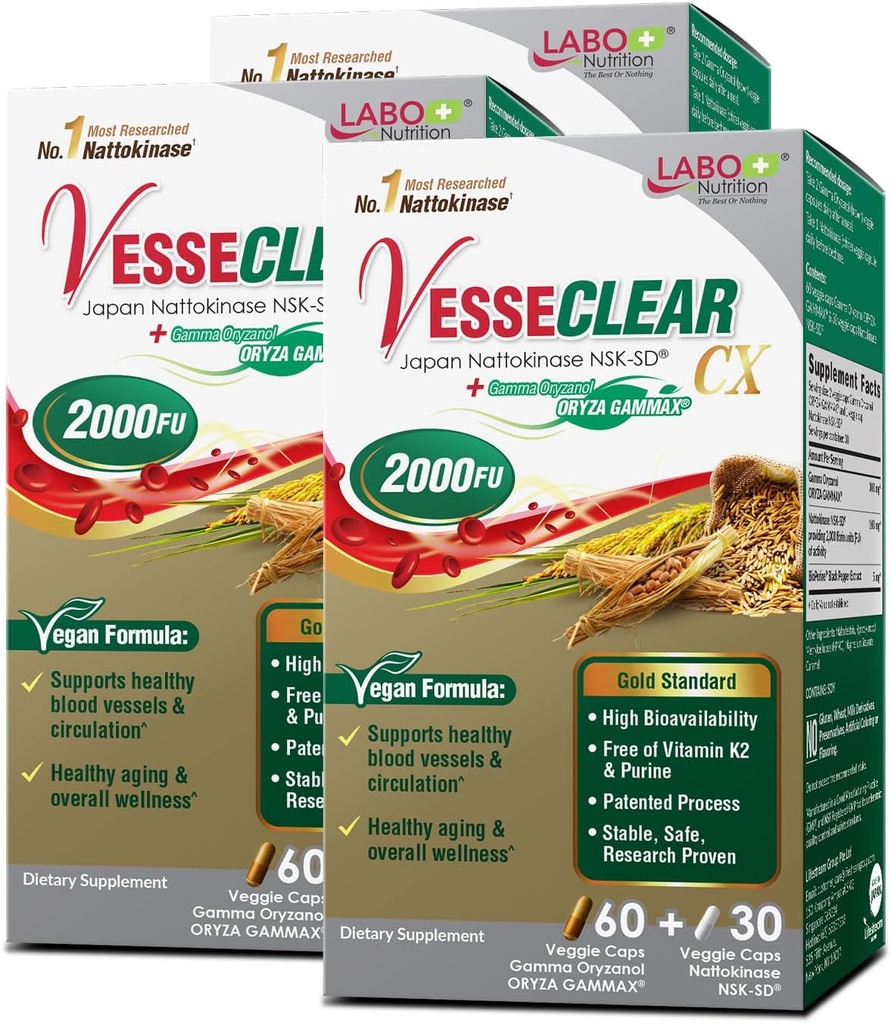 LABO Beslenme VesseCLEAR CX: Nattokinase NSK-SD + Gamma Oryzanol for Clean Blood Gemi & Health Ageing, Japan's Most Klinikly Studied, For Health Cholesterol, Heart, Vegan, Acid-Resistant, 60sx3