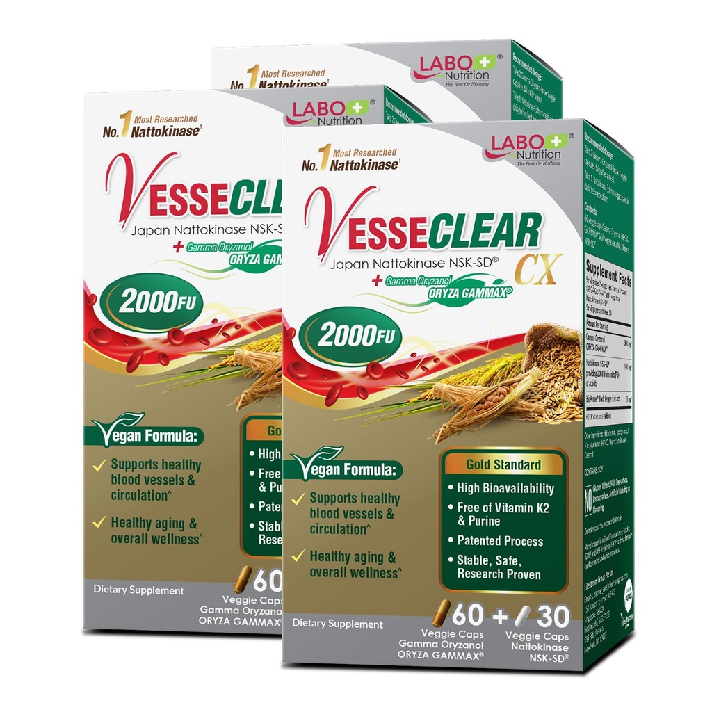 LABO Nutrition Vesseclare CX: Nattokinase NSK-SD + Gamma Oryzanol for Clean Blood Vessel & Healthy Ageing, Japan's Most Clinically Studed, For Healthy Cholesterol, Heart, Vegan, Acid-Resistant, 60sx3