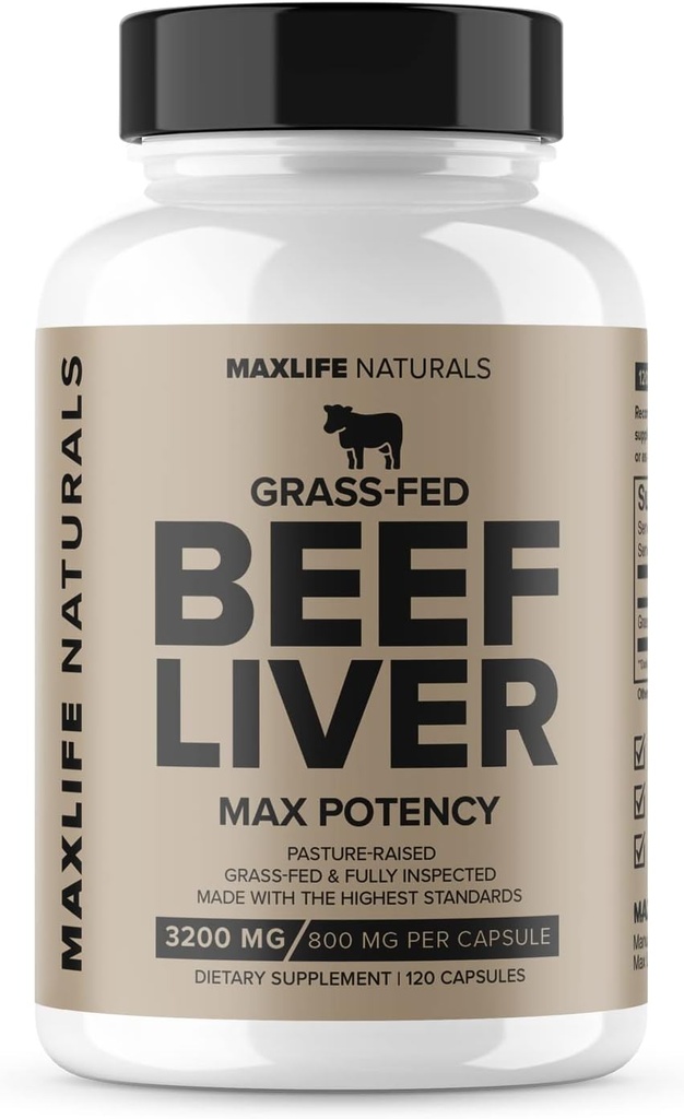 Grass Fed Beef Liver Supplement (Desiccated) 3200mg - 120 Non-GMO Grass Fed Beef Liver Capsules for Women and Men with Vitamin A, B12 for Energy, Heme Iron Supplement by MaxLife Naturals, USA Made