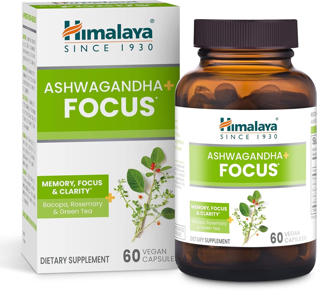 Himalaya Ashwagandha+ Focus - Herbal Focus Supplement with B12, Rosemary, Green Tea ve Bacopa Nootropics for Memory and Clarity - Vegan, Non-GMO, Gluten Free, 1690 mg, 60 Caplets