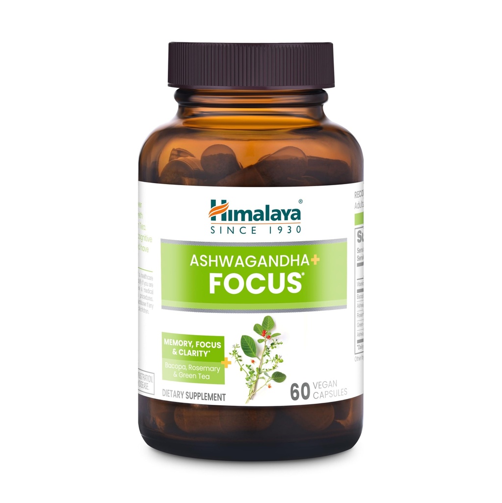 Himalaya Ashwagandha+ Focus - Herbal Focus Supplement with B12, Rosemary, Green Tea ve Bacopa Nootropics for Memory and Clarity - Vegan, Non-GMO, Gluten Free, 1690 mg, 60 Caplets