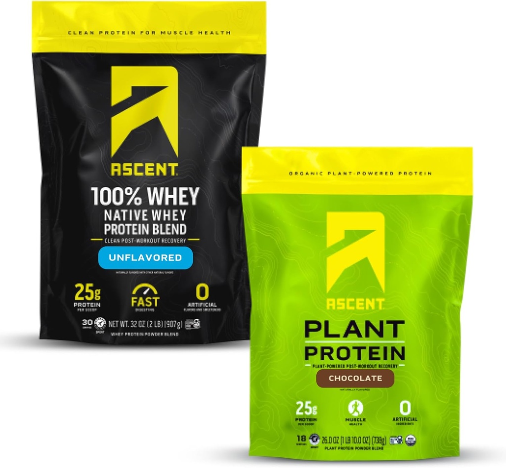 Ascent Whey + Plant Protein Tozu - Unflavored 2 lb & Chocolate 18 Servisler