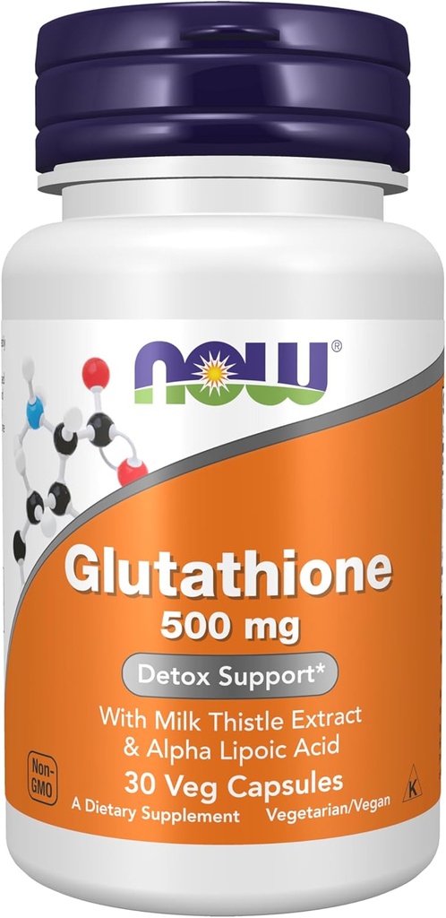 NOW Συμπληρώματα τροφίμων, Glutathione 500 mg, Με εκχύλισμα γαϊδουράγκαθου γάλακτος & άλφα λιποϊκό οξύ, ελεύθερο ριζικό ουδέτερο *, 30 κάψουλες Veg