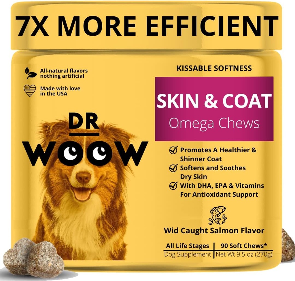 Omega Wild Alaskan Salmon Fish Oil 90 ct Soft Chews for Dog - Anti Itch & Coat + Alerji Desteği, Kelp, Biotin, Vitaminler, çinko - Itchy Skin, Köpek alerjileri azaltın, Shedding Shedding
