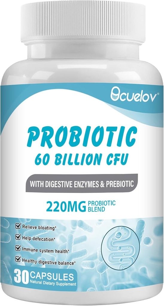 Probiyotiks 60 Milyar CFU, 10 Strains & 3 Organik Prebiyotiks,Probiyotiks Supplement for Women Men Support Metabolism,Immunity and Digestive Health,Non-GMO & Gluten Free,30 Capsules