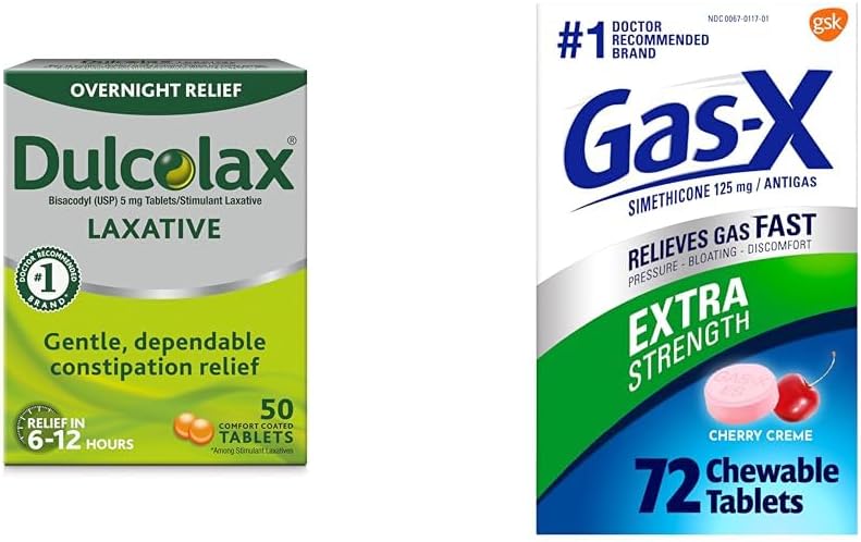 Dulcolax Overnight Relief Laxative for Gentle Constipation Relief, Bisacodyl 5 mg Tablets, 50 Count & Gas- X Extra Strength Chewable Gas Relief Tables with Simethicone 125 mg for Bloating Relief