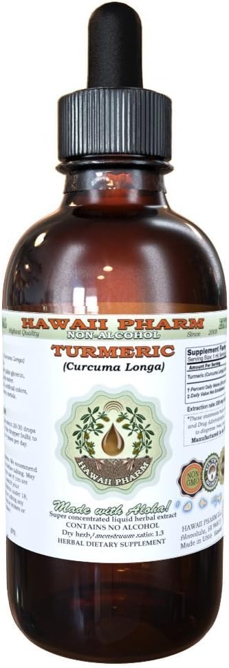 Turmeric Alkol Özgür Sıvı Ekstraksiyon, Organik Turmeric (Curcuma Longa) kuru Rhizome Glycerite Natural Herbal Supplement, Hawaii Pharm, USA 2 fl.oz