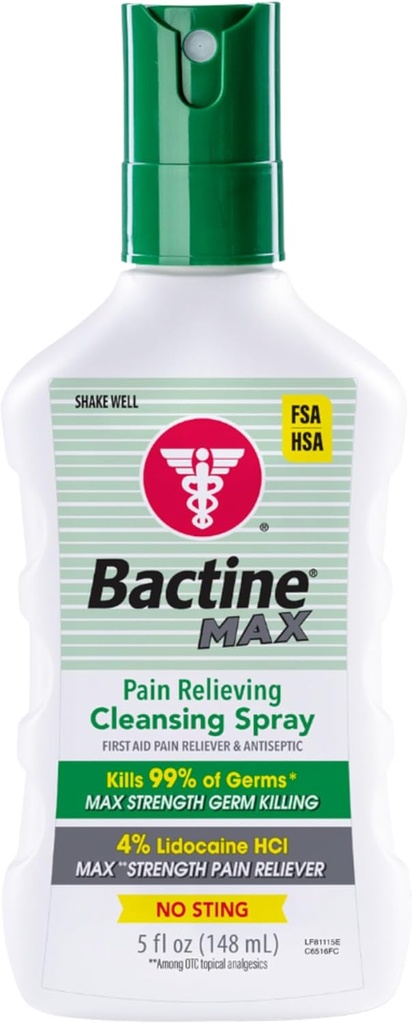 Bactine Max Pain Relieving Antiseptic Spray with Lidoka, First Aid Pain + Itch Relief, No-Sting, Kills% 99 of Germs*, 5oz