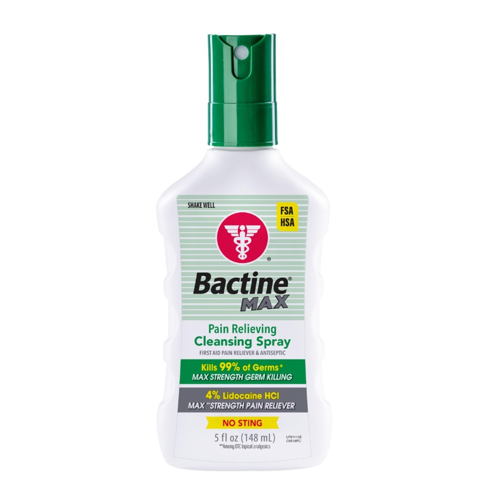 Bactine Max Pain Relieving Antiseptic Spray with Lidoka, First Aid Pain + Itch Relief, No-Sting, Kills% 99 of Germs*, 5oz