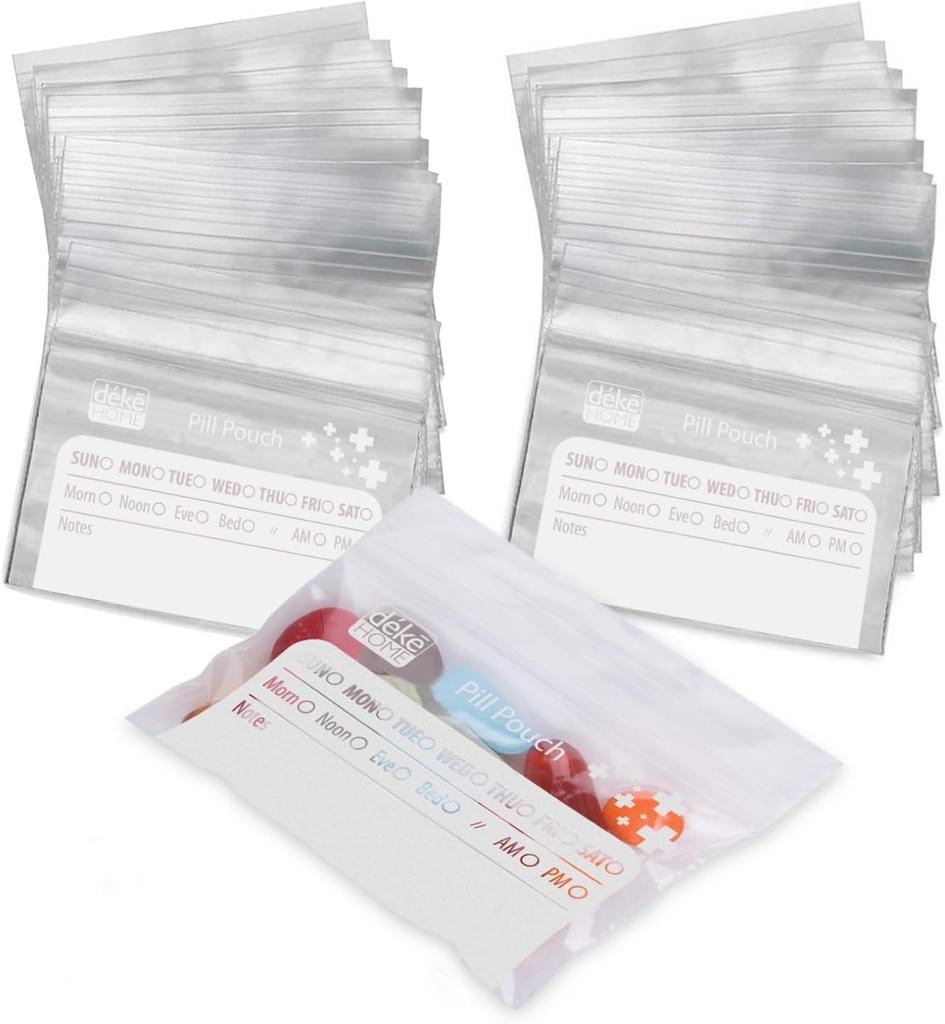 Deke Home - 250 Pack Clear Resealable Pill Çanta (4x2.75 in), Travel Medicine Pouches with Write-On Label, Honda-Free Three Pill Organizer for Drugs, Vitamins & Supplements