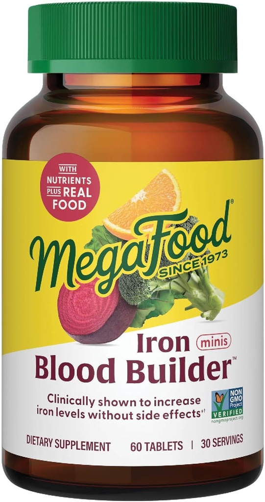 MegaFood Blood Builder Iron Supplement for Women & Men - Αυξήστε τα επίπεδα σιδήρου χωρίς παρενέργειες - Καταπολέμηση της κόπωσης - Βιταμίνη Β12, Φολικό οξύ & βιταμίνη C - Vegan - 60 Mini Tablets (30 μερίδες)