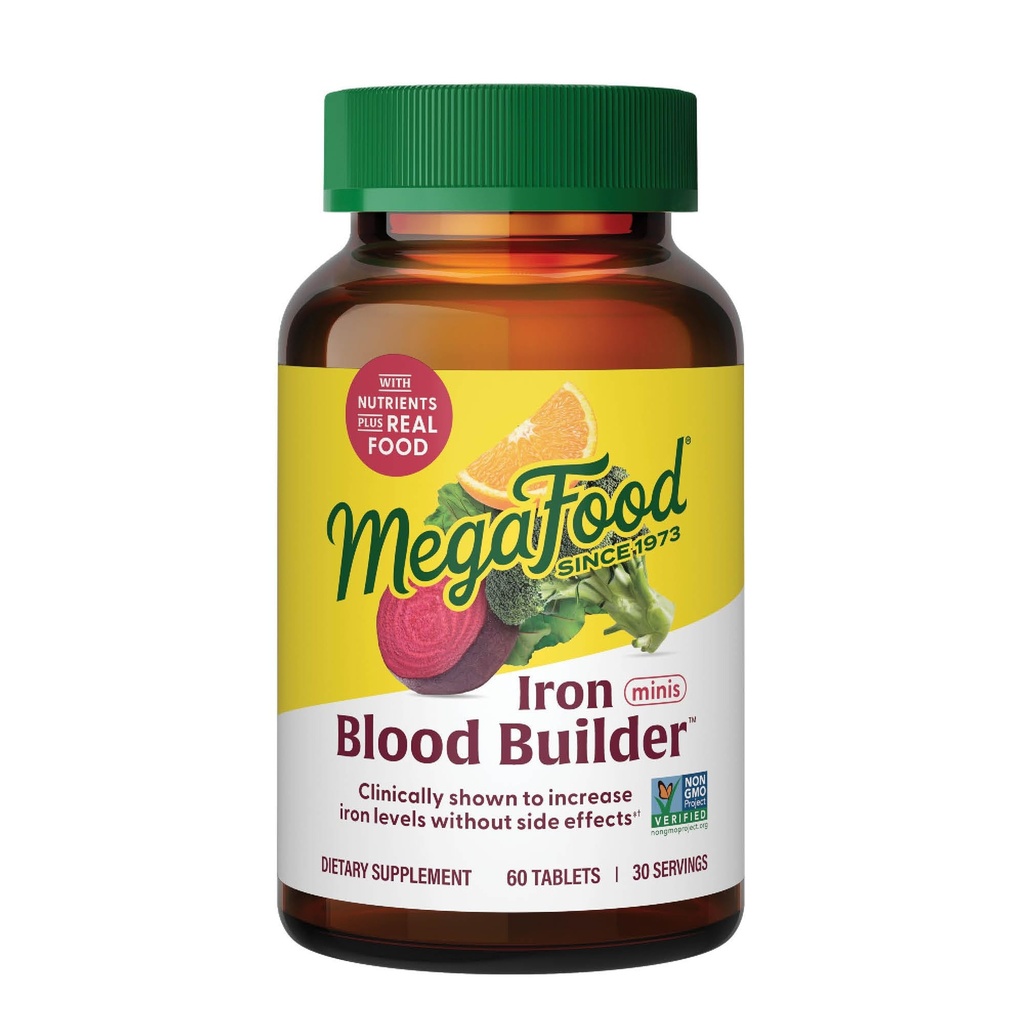 MegaFood Blood Builder Iron Supplement for Women & Men - The Iron Levels Without Side Effects - Combats Fatigue - Vitamin B12, Folic Acid & Vitamin C - Vegan - 60 Mini Tabletler (30 hizmet)