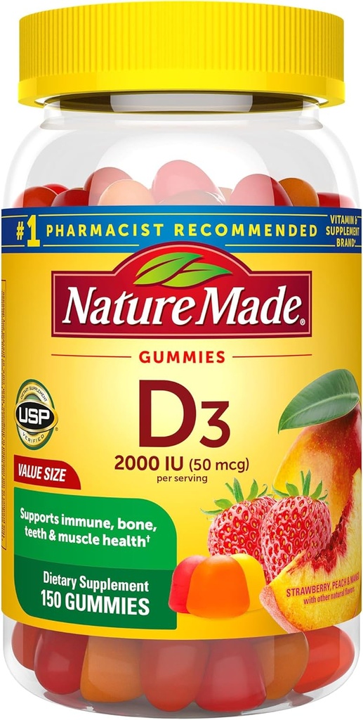 Nature Made Vitamin D3 2000 IU Per Care Gummies, Bone, Teeth, Muscle ve Immune Health Support, 75 Day Supply, 150 Vitamin D Gummies for Yetişkinler için