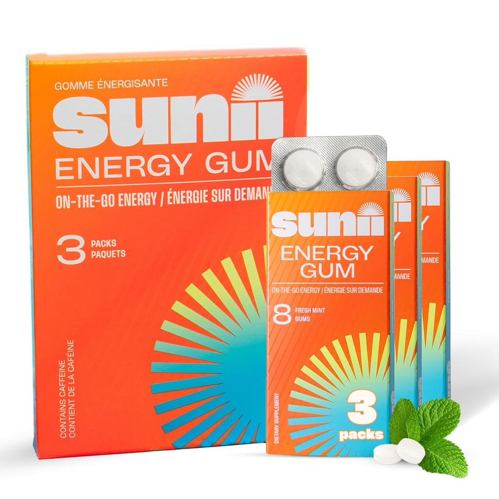 SUNIIEnergy GUM - Yeni Hızlı Boost Energy & Focus - 50 mg Caffeine Gum -Vitamins B6 & B12, Taurin, Vegan, No Sugar, Zero Calorie, Fresh Mint Taste - Faster Than Chews, Drinks, Gels & Pills (24par)