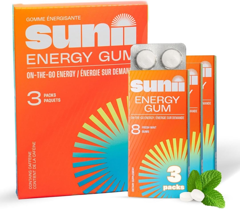 SUNIIEnergy GUM - Yeni Hızlı Boost Energy & Focus - 50 mg Caffeine Gum -Vitamins B6 & B12, Taurin, Vegan, No Sugar, Zero Calorie, Fresh Mint Taste - Faster Than Chews, Drinks, Gels & Pills (24par)