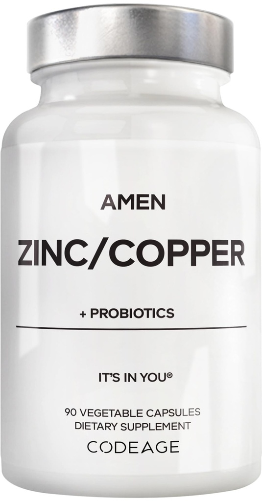 Amen Zinc & Copper Supplement + Probiotics, 3 Μήνες Προσφορά, Μία ανά ημέρα - 50 mg Zinc Picolinate Vitamin Pills - Essential Minerals Supplements – 2 δισεκατομμύρια CFUs Probiotic – Vegan, Non-GMO, 90 Κάψουλες