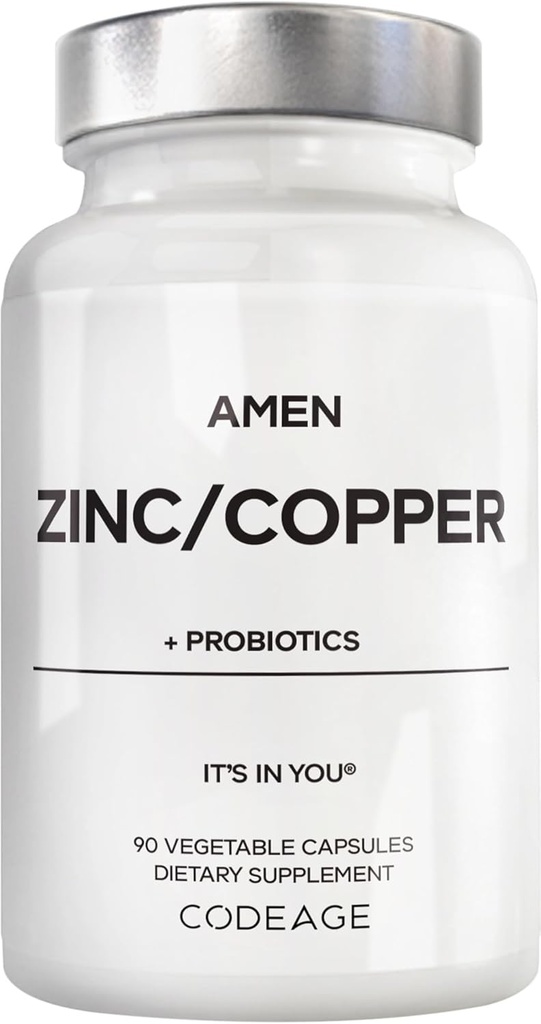Amen Zinc & Copper Supplement + Probiotics, 3 Μήνες Προσφορά, Μία ανά ημέρα - 50 mg Zinc Picolinate Vitamin Pills - Essential Minerals Supplements – 2 δισεκατομμύρια CFUs Probiotic – Vegan, Non-GMO, 90 Κάψουλες