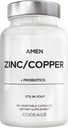 Amen çinko & Copper Supplement + Probiyotiks, 3 Ay Supply, One Per Day - 50 mg çinko Picolinate Vitamin Pills - Essential Minerals Supplements - 2 Milyar CFUs Probiyotik - Vegan, Non-GMO, 90 Capsules