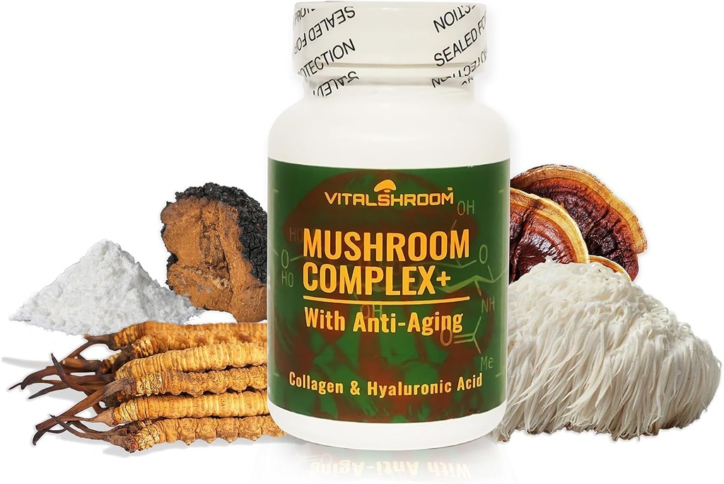 Mushroom Kompleks ile Anti-Aging. Doğal Mushroom-Based Anti-Aging Supplements with Chaga, Lion's Mane, Cordyceps, Reishi, Collagen, Hyaluronic Acid, Vitamins B1, B2, B6, C, D.