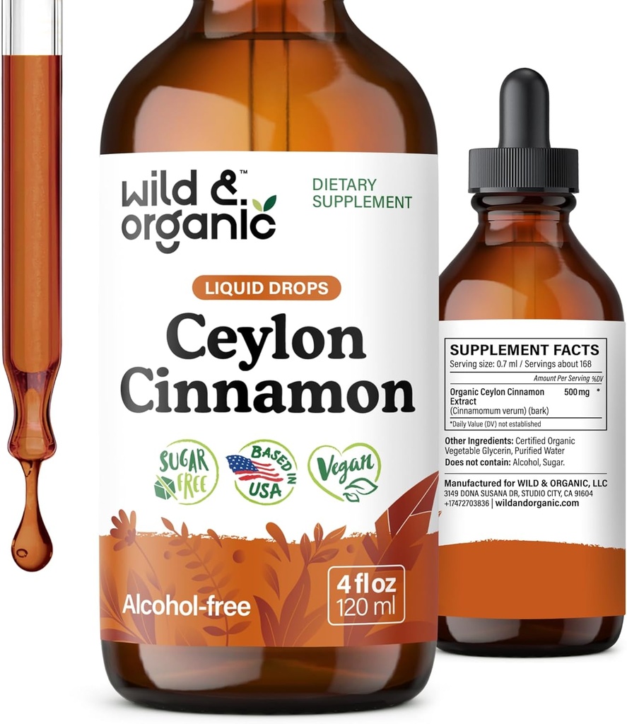 Wild & Organic Ceylon Cinnamon Tincture 500 mg - Sıvı Cinnamon Supplements for General Support - Cinnamomum Verum Bark Ekstraksiyon - Vegan, Sugar & Alkol-Free, Non-GMO - 4 fl oz
