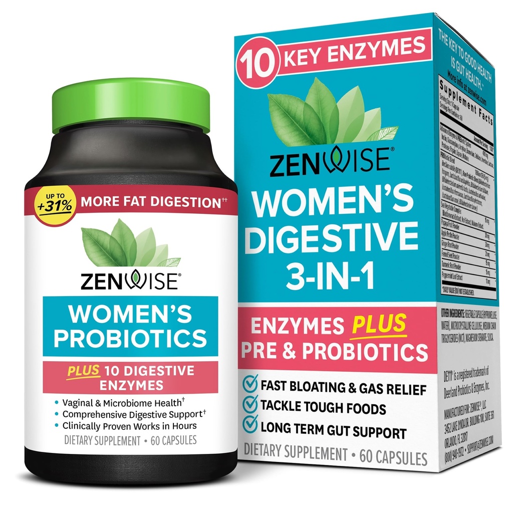 Zenwise Health 3in-1 Womens Probiyotik Supplement for Digestive, Gut Flora & Vaginal Health - Daily Probiyotiks & Prebiyotiks for Women with Digestive Enzymes Supports Bloating & Gas Relief - 60 Count