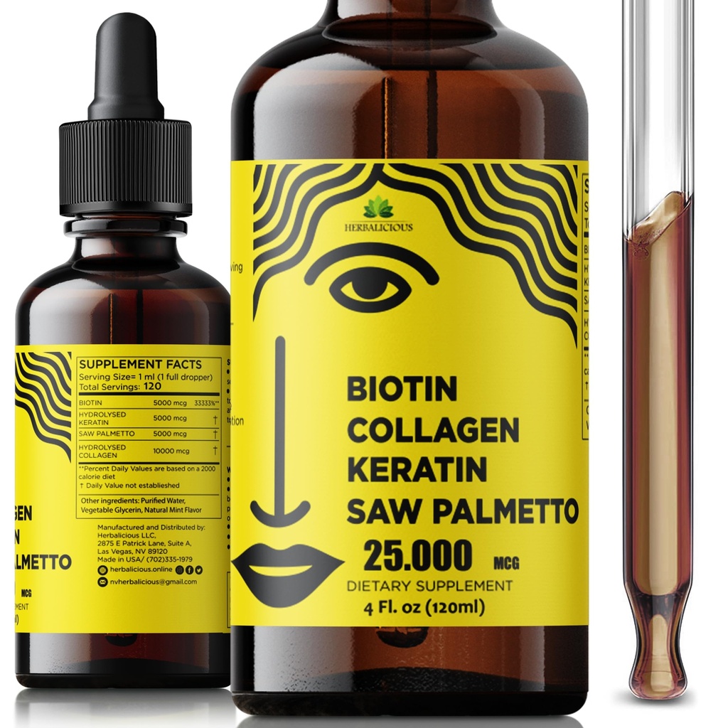Liquid Biotin Collagen Keratin 4fl oz Liquid Συμπληρώματα για τις γυναίκες - Comprehensive Formula Hair Skin Nails Συμπλήρωμα με 10000mcg Collagen 5000 mcg Biotin 5000 mcg Keratin 5000 mcg Saw Palmetto