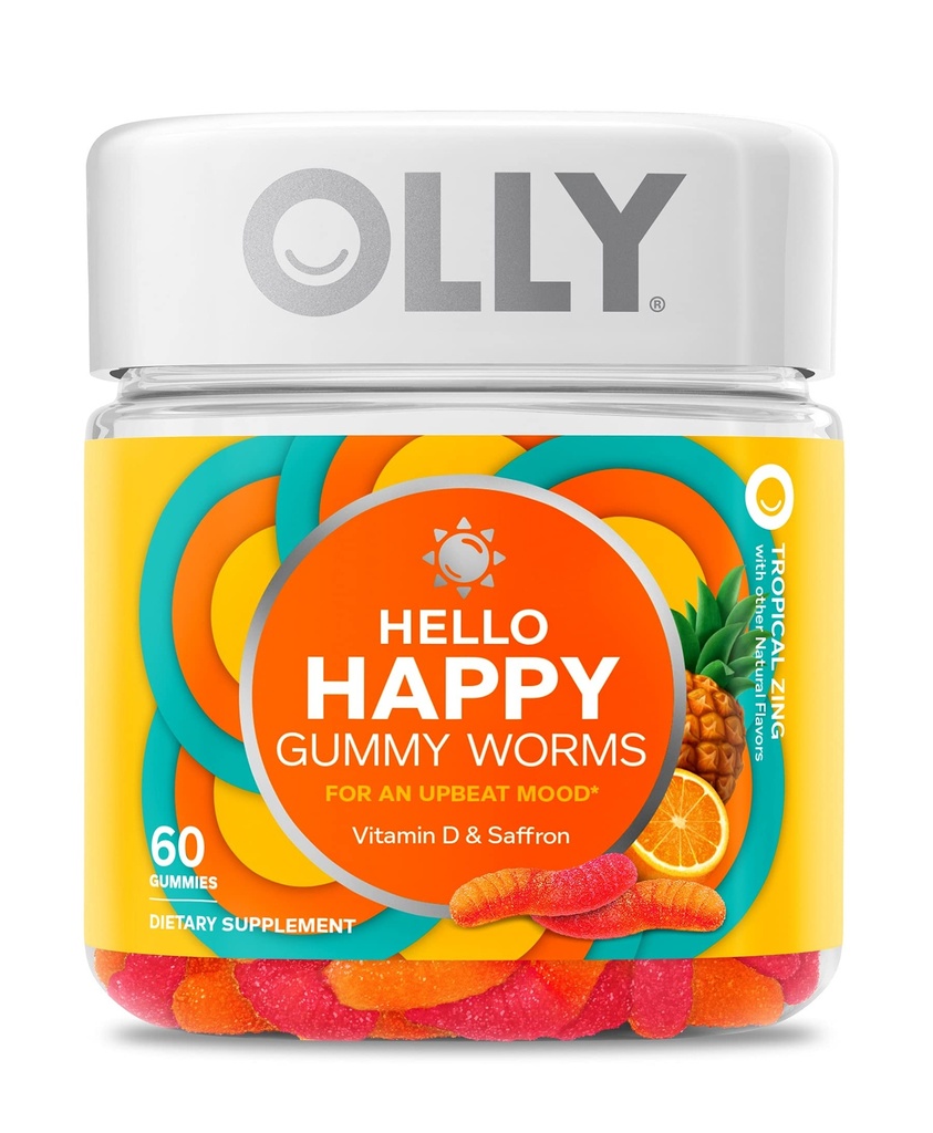 OLLY Hello Happy Gummy Worms, Mood Balance Support, Vitamin D, Saffron, Yetişkin Chewable Supplement, Tropikal Zing - 60 Count Count Count