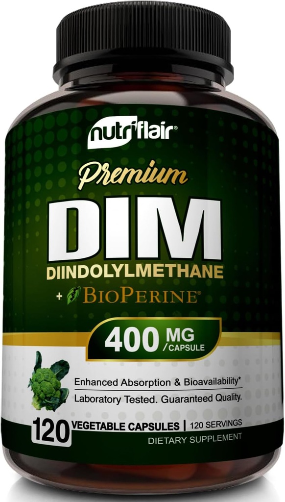 NutriFlair DIM Supplement 400mg with Bioperine, 120 Capsules - Diindolylmethane - Estrogen Metabolism Support & Hormon Balance, Menopause, Ps, Acne and Skin Care for Men & Women - Karşılaştırmalı 300 mg
