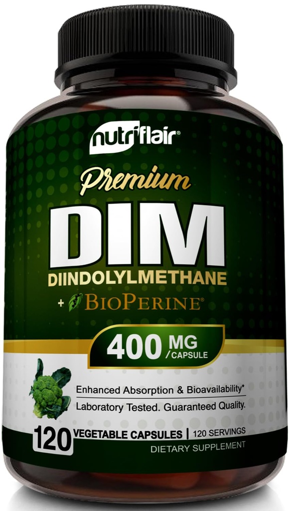 NutriFlair DIM Supplement 400mg with Bioperine, 120 Capsules - Diindolylmethane - Estrogen Metabolism Support & Hormon Balance, Menopause, Ps, Acne and Skin Care for Men & Women - Karşılaştırmalı 300 mg