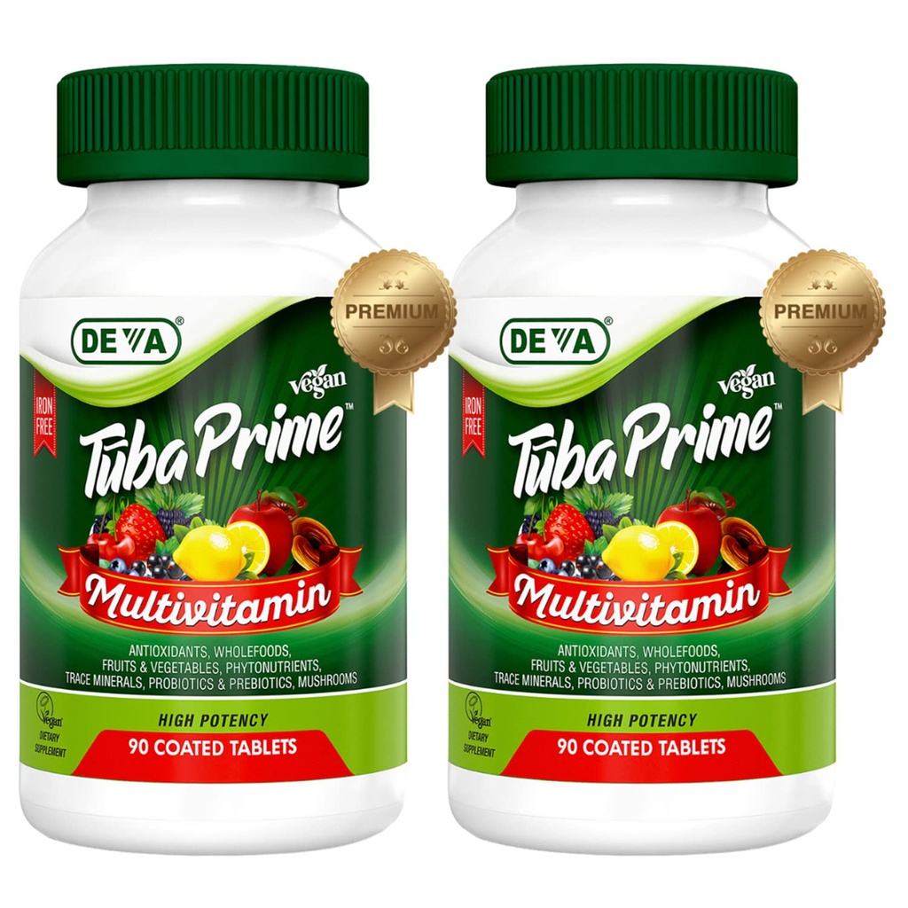 DEVA Tuba Prime Vegan Multivitamin Iron-Free Υψηλής ισχύος συμπλήρωμα βιταμίνης & ορυκτής διατροφής Αντιοξειδωτικά, Φρούτα & Veg Blend, Super Μανιτάρια, Προβιοτικά, Προβιοτικά, Σπόροι, Βότανα 90 Tabs 2-Pack