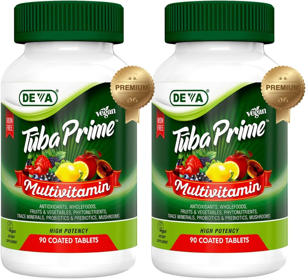DEVA Tuba Prime Vegan Multivitamin Iron-Free High-Potency Vitamin & Mineral Diyeter Supplement Antioksis, Meyve & Veg Mix, Super Mushrooms, Probiyotiks, Prebiyotiks, Seeds, Her 90 Tabs 2Pack