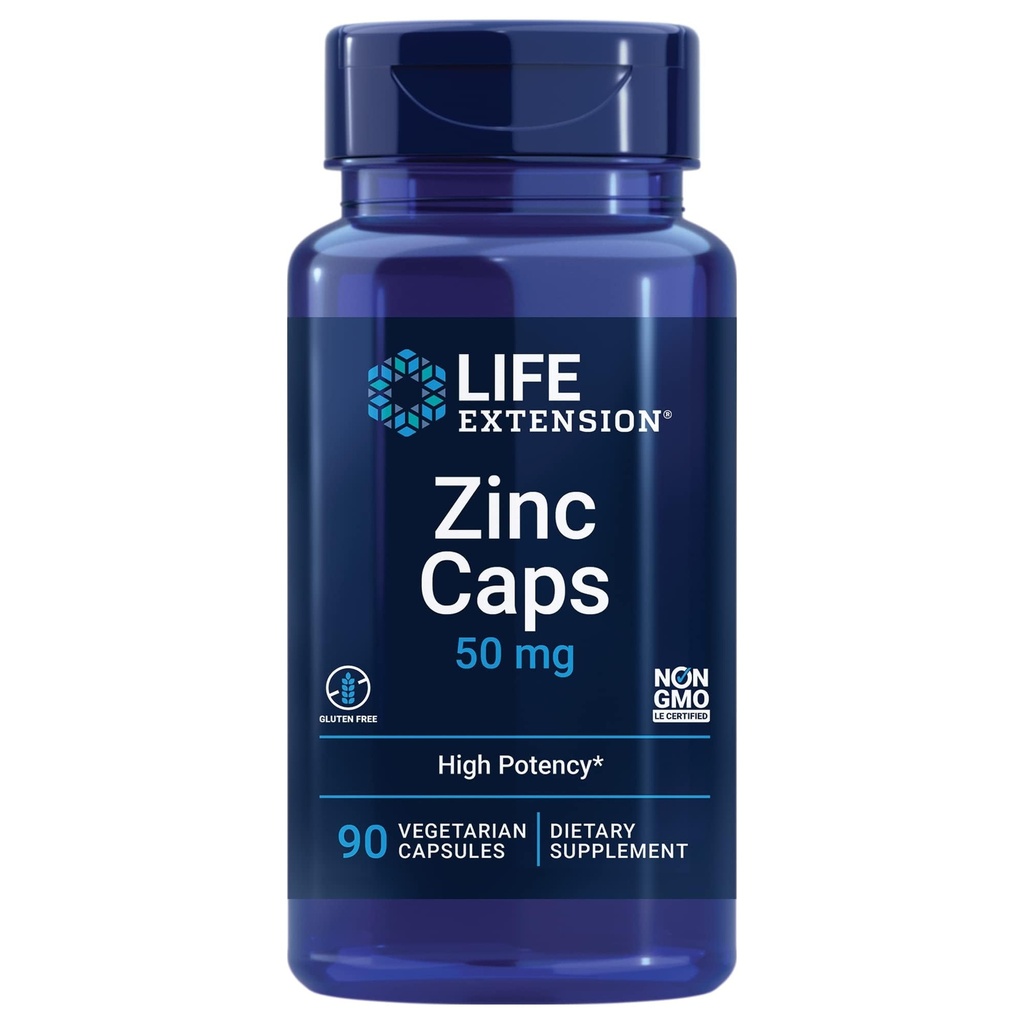 Life Extension Zinc Caps, zinc 50 mg, zinc Citrate, Support The Body's Immune defenses, Ultra-absorbable, Vegetarian, Non-GMO, Gluten-Free, 90 Vegetarian Capsules