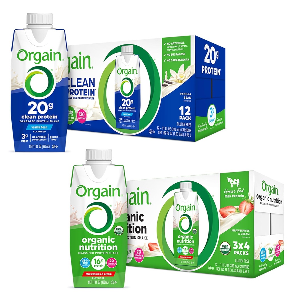 Orgain Clean Protein Shake, Grass Fed Dairy, Vanilla Bean (Pack of 12) και Orgain Organic Nutritional Protein Shake, Φράουλες & Κρέμα (Pack of 12)
