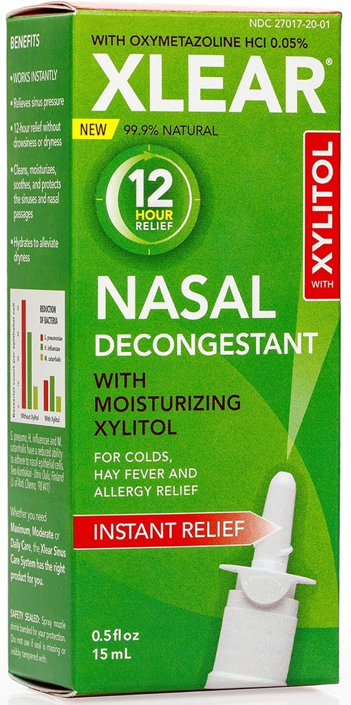 Xlear 12 Saat Doğal Saline Nasal Decongestant spreyi Xylitol ve Oxymetazoline, Anında Sinus Baskısı ve Çocuklar ve Yetişkinler için Müdahale Yardımı 0,5 s