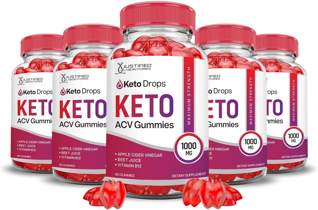 Justified Laboratories (5 Pack Keto Drops Keto ACV Gummies Formula 1000MG Chem Drops Keto Gummies Apple Cider Vinegar Formula B12 Vegan Non GMO 300 Gummys