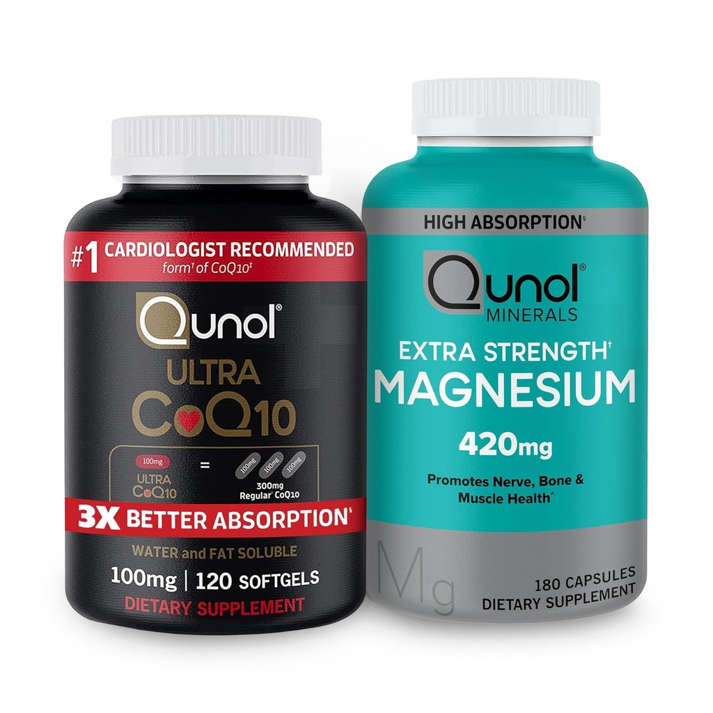 Qunol CoQ10 100mg Softgels, 3X Καλύτερη Απορρόφηση 4 Μήνας Προσφορά + 120 Count Μαγνήσιο Γλυκινικό Κάψουλες 420mg, Υψηλή Απορρόφηση Συμπλήρωμα Μαγνησίου, 180 Count