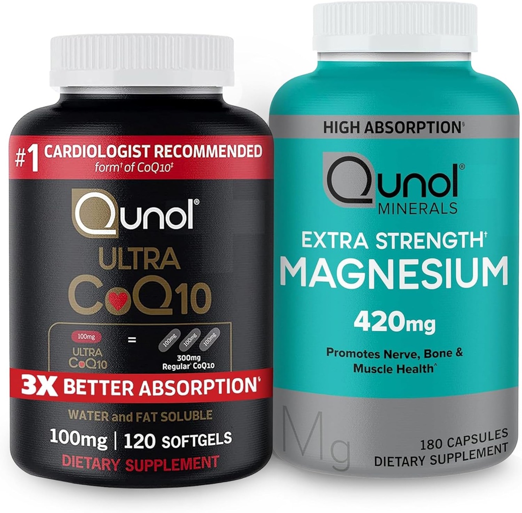 Qunol CoQ10 100mg Softgels, 3X Better Absorption 4 Month Supply + 120 Count Magnesium Glycinate Capsules 420mg, High Absorption Magnesium Supplement, 180 Count