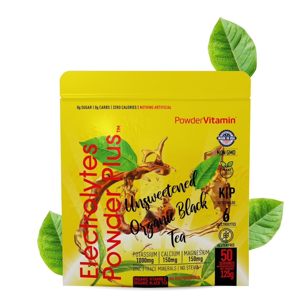 Σκόνη Vitamin Ηλεκτρολυτές σκόνη Plus (50 εξυπηρετούν) Μη ζαχαρωμένο Μαύρο Τσάι Ηλεκτρολύτη σκόνη Keto, SugarΔωρεάν, ροζ αλάτι Ιμαλαΐων,1000mgPotassium,150mgCalcium,150mgMagnesium, σκόνη Υδρίου NO STEVIA