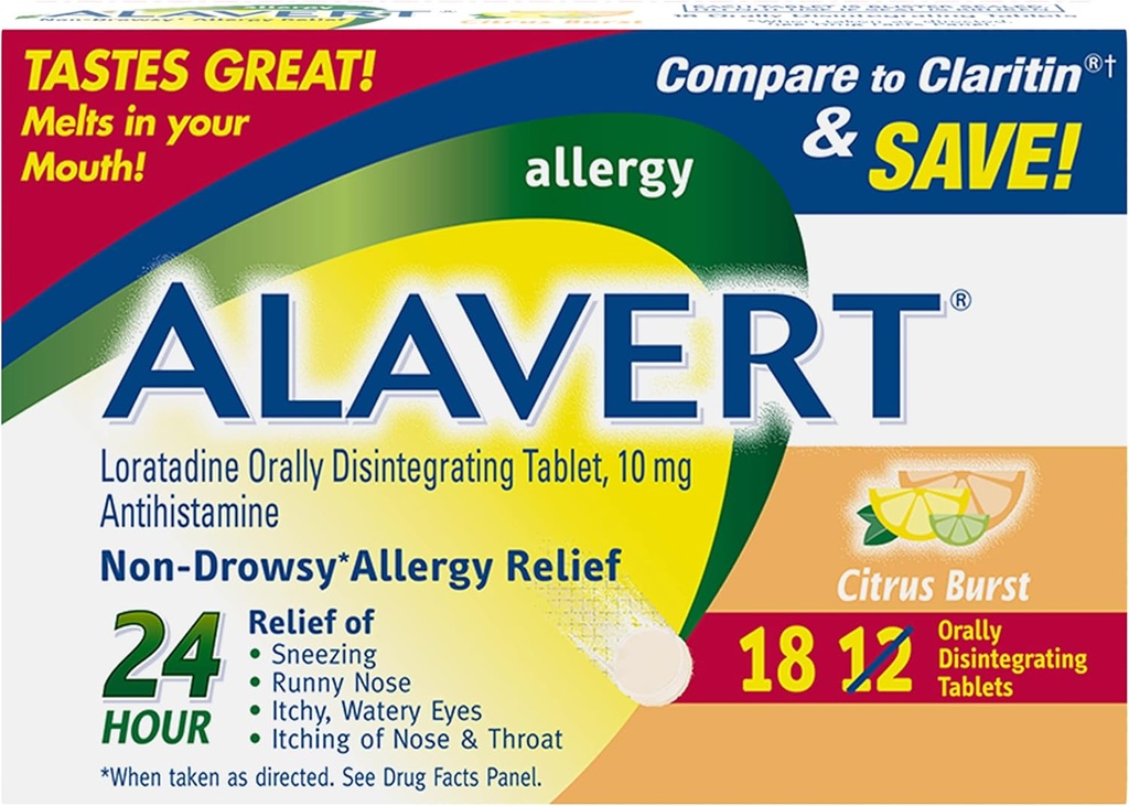 Alavert Αλλεργία 24 ώρες ανακούφιση, Citrus Burst Flavor, Διασπώμενα στο στόμα δισκία Αλλεργίας, Αντιισταμινικό μη υπνηλίας, Loratadine 10mg, 18 Count