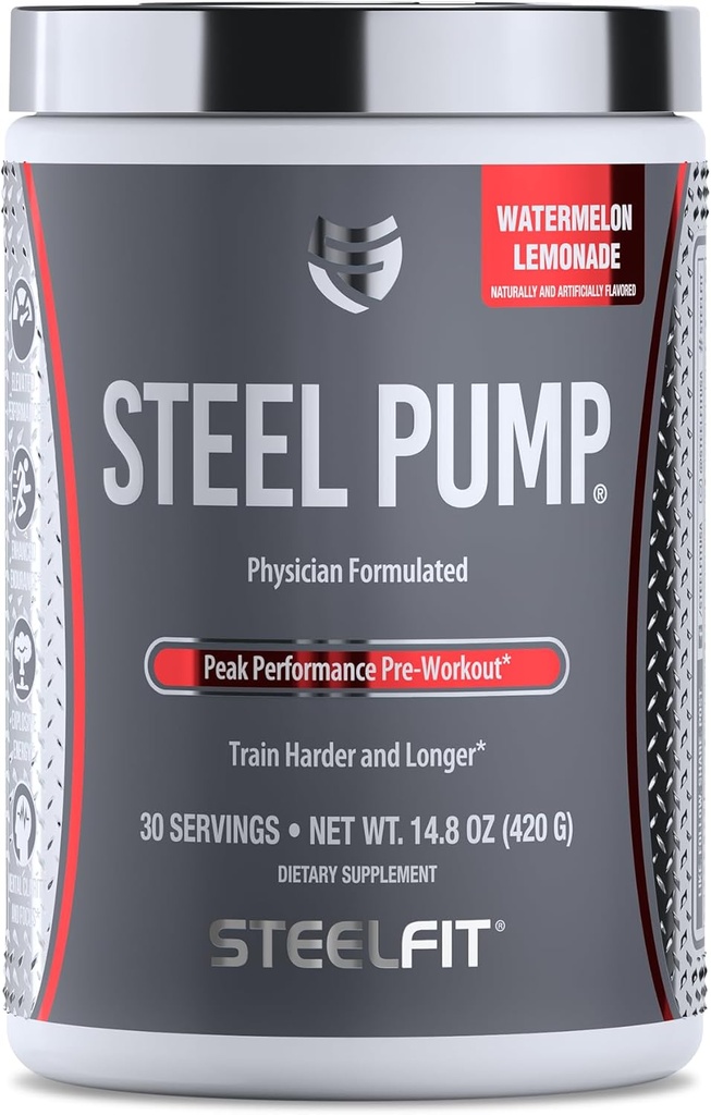 SteelFit Steel Pump | Advanced Pre Workout Toz & Nitrik Oksit | Watermelon Lemonade, 30 Servisler | Muscle Building & Recovery | Made with Peak ATP, Ashwagandha, & Electrolytes