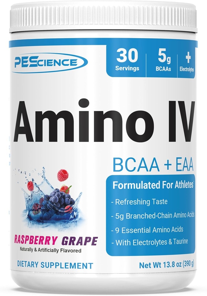 PEScience Amino IV BCAA & EAA Powder, Essential Amino Acids, Taurine, Ηλεκτρολυτές για την ενυδάτωση και την αποκατάσταση των μυών, Ζάχαρη Δωρεάν για άνδρες και γυναίκες, Post προπόνηση - Raspberry Grape - 30 Υπηρεσίες